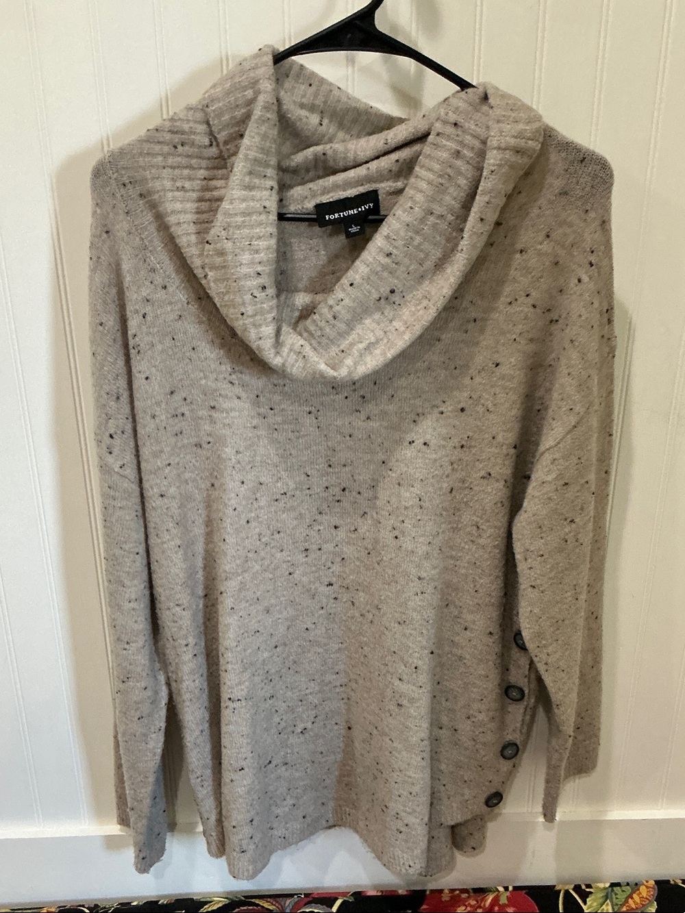 Fortune & Ivy Oatmeal Speckled Cowl Neck Sweater